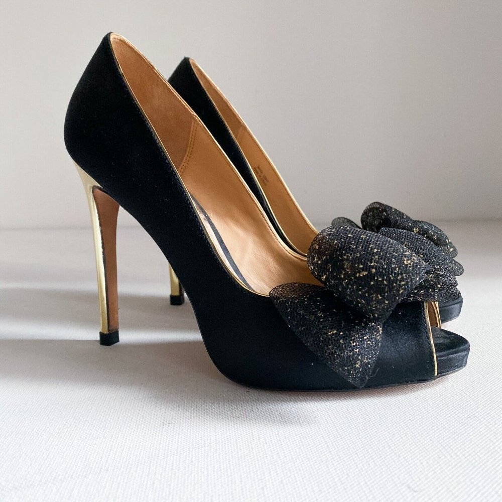 Badgley Mischka Black Satin Bow Detail Peep Toe Heels 6M - Picture 2 of 11